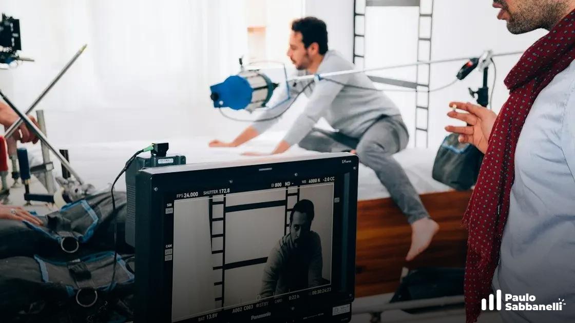Monitor de gravação exibe rosto de homem enquanto equipe filma cena ao fundo
