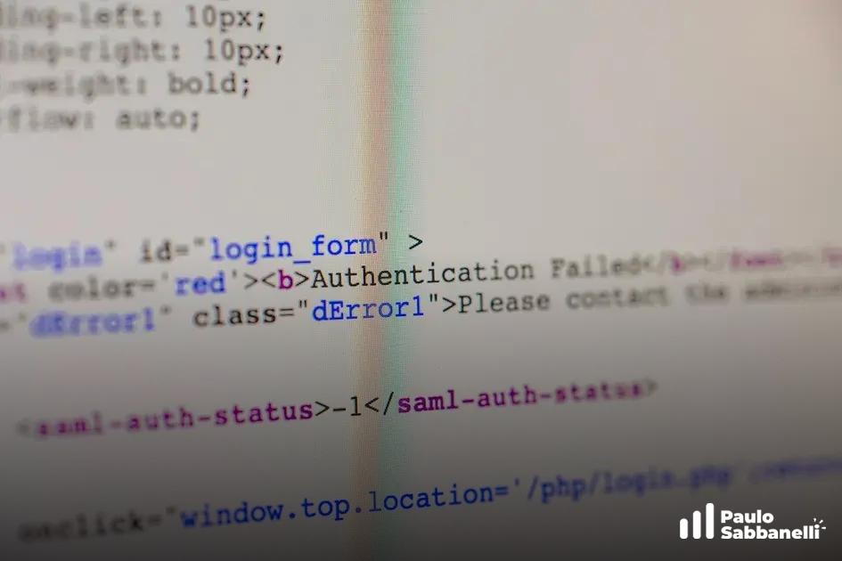 Código HTML desfocado com aviso de falha de autenticação destacado em vermelho