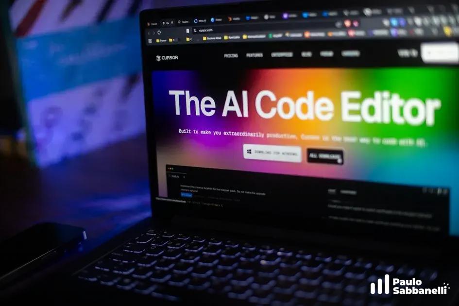 Notebook exibindo site do editor de código Cursor com fundo colorido e celular ao lado