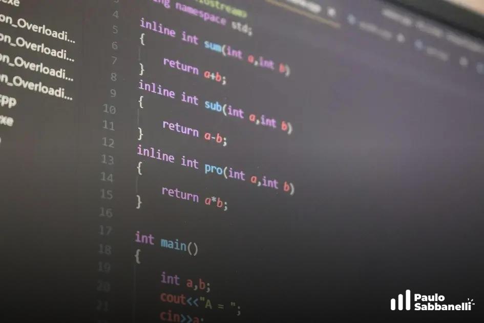Tela de código C++ com funções inline de soma, subtração e produto