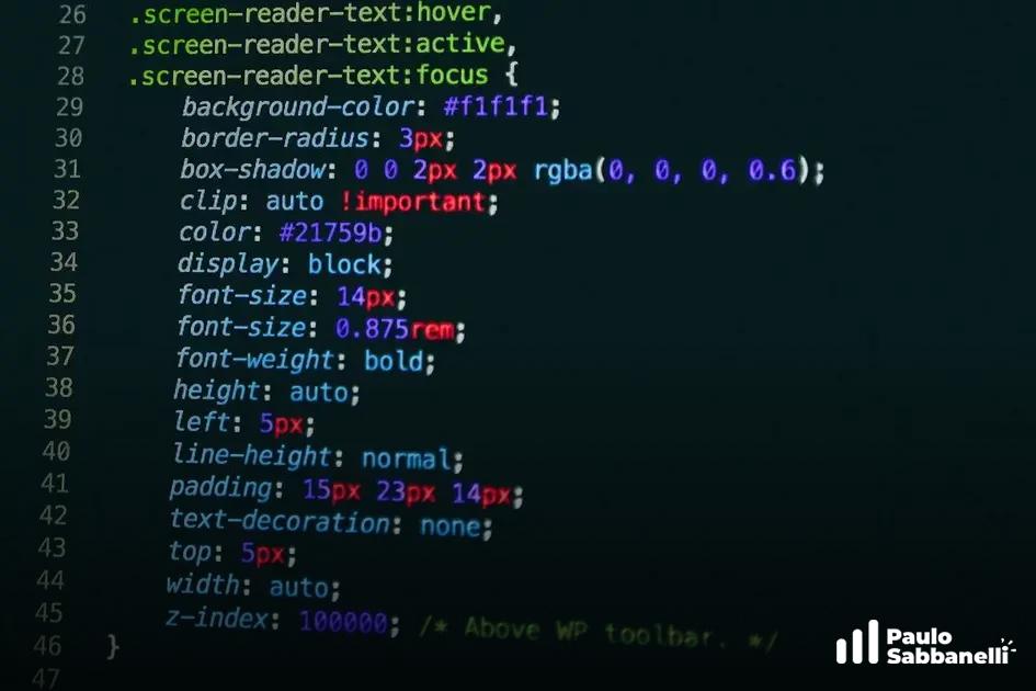 Código CSS definindo estilos para textos de leitor de tela em um tema do WordPress