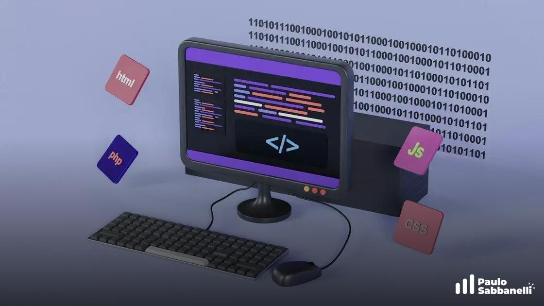 Ilustração 3D roxa de um monitor com linhas de código e ícones de HTML, PHP, JS e CSS flutuando ao redor