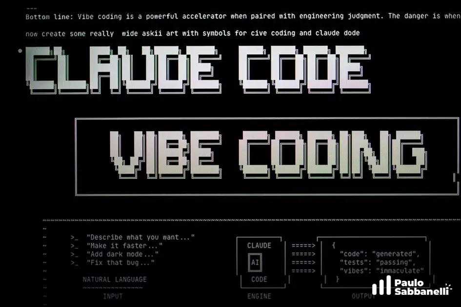 Tela com texto sobre vibe coding e ilustração pixelada dos dizeres Claude Code