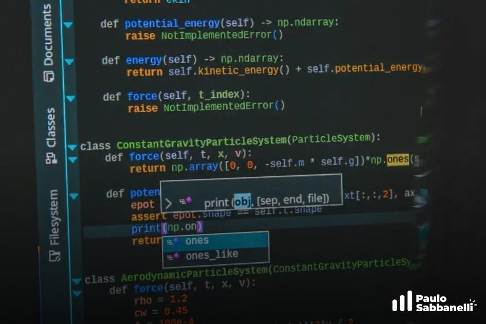 Editor de código Python com menu de autocompletar aberto sobre classes de sistema de partículas físicas