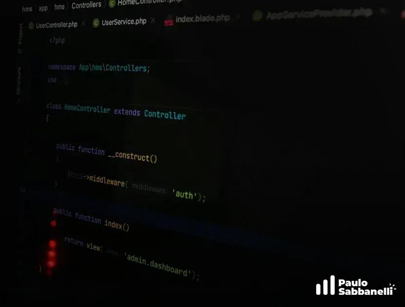 Código PHP em Laravel de um controlador com middleware de autenticação, em tela escura