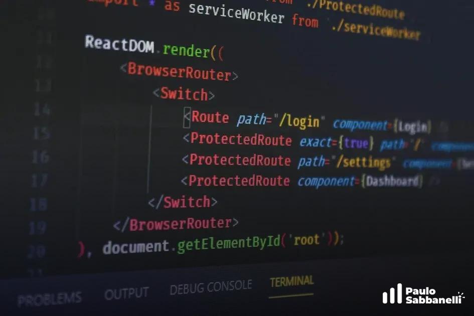 Código React mostrando configuração de rotas protegidas com BrowserRouter e Switch