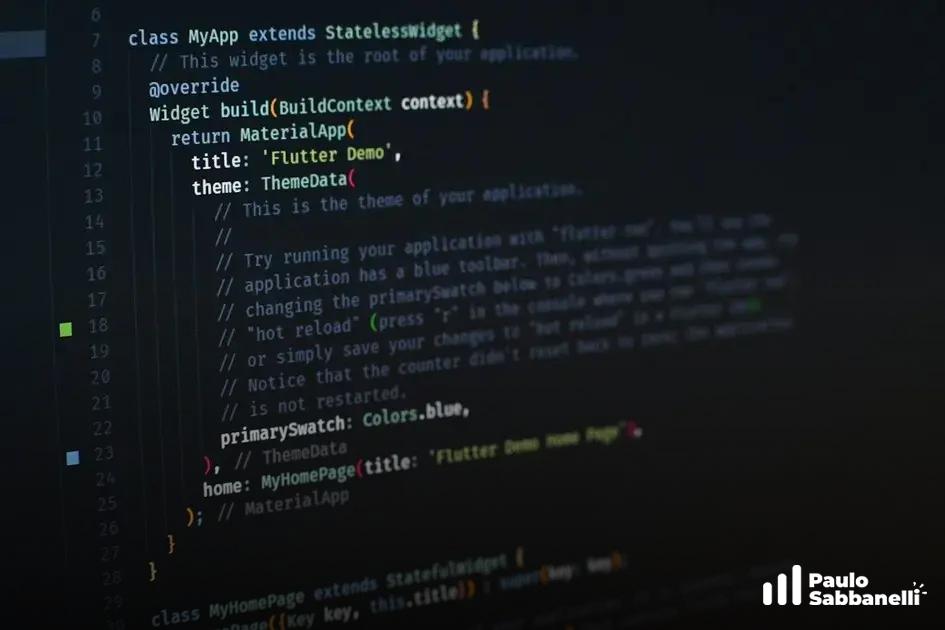 Código Dart de um aplicativo Flutter definindo o tema e a página inicial
