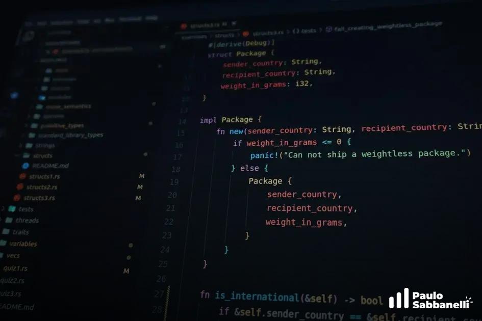 Código em Rust definindo uma struct Package com país de origem, destino e peso