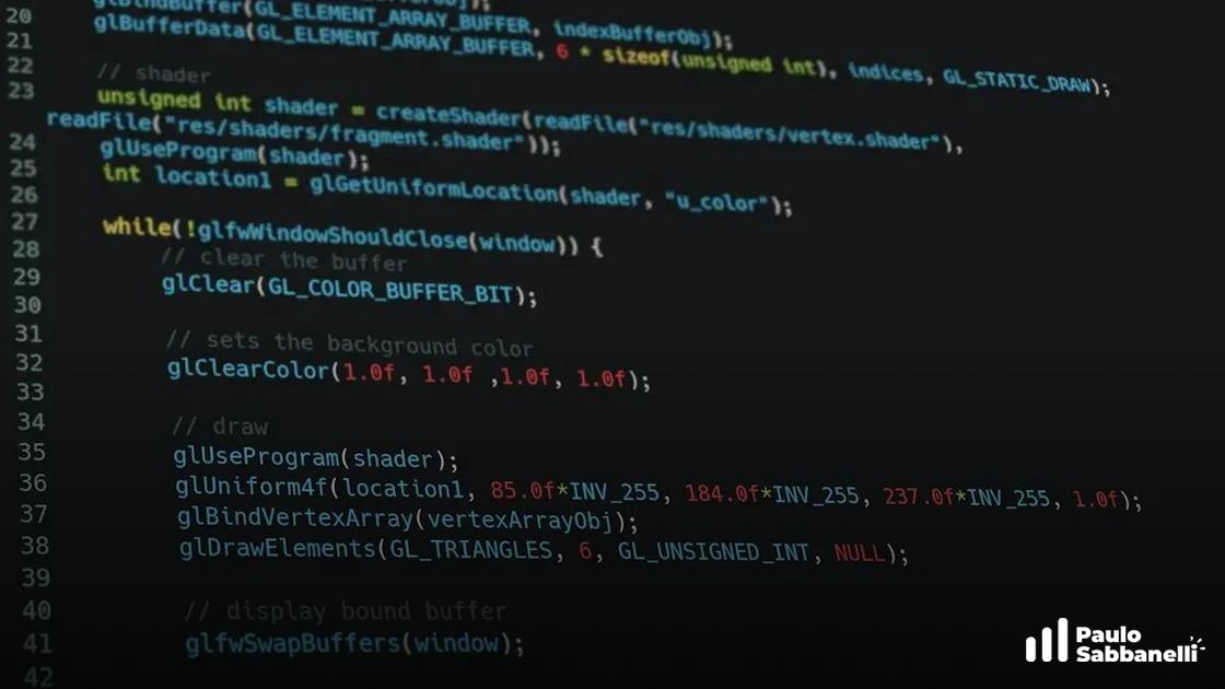 Código C++ com chamadas OpenGL para limpar tela e desenhar elementos com shader