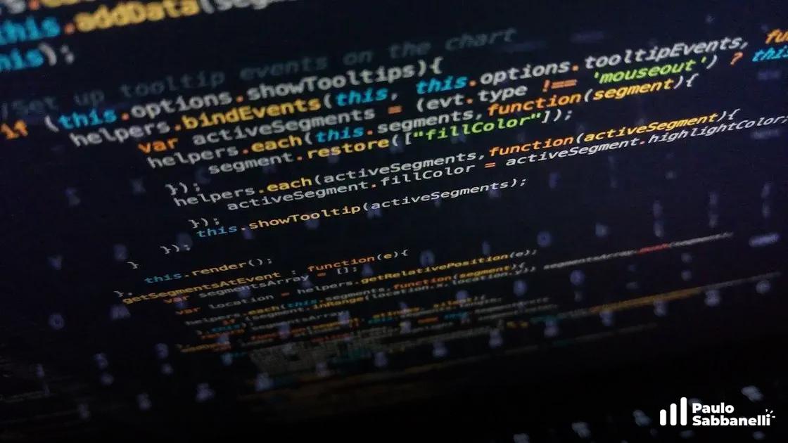Tela escura de código JavaScript com funções de tooltip e segmentos, pontos sobrepostos ao fundo