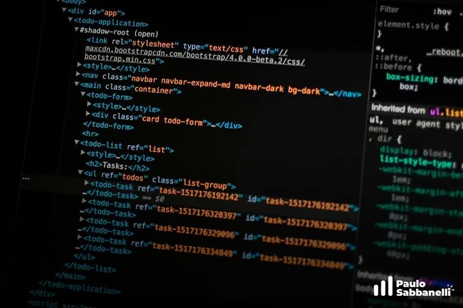 Código HTML de um aplicativo de tarefas com painel de inspeção do navegador ao lado