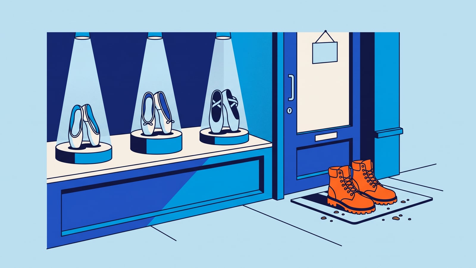 Ilustração de uma vitrine com sapatilhas de balé em pedestais iluminados e, no capacho da porta da loja, um par de botas de trabalho laranja esperando para entrar
