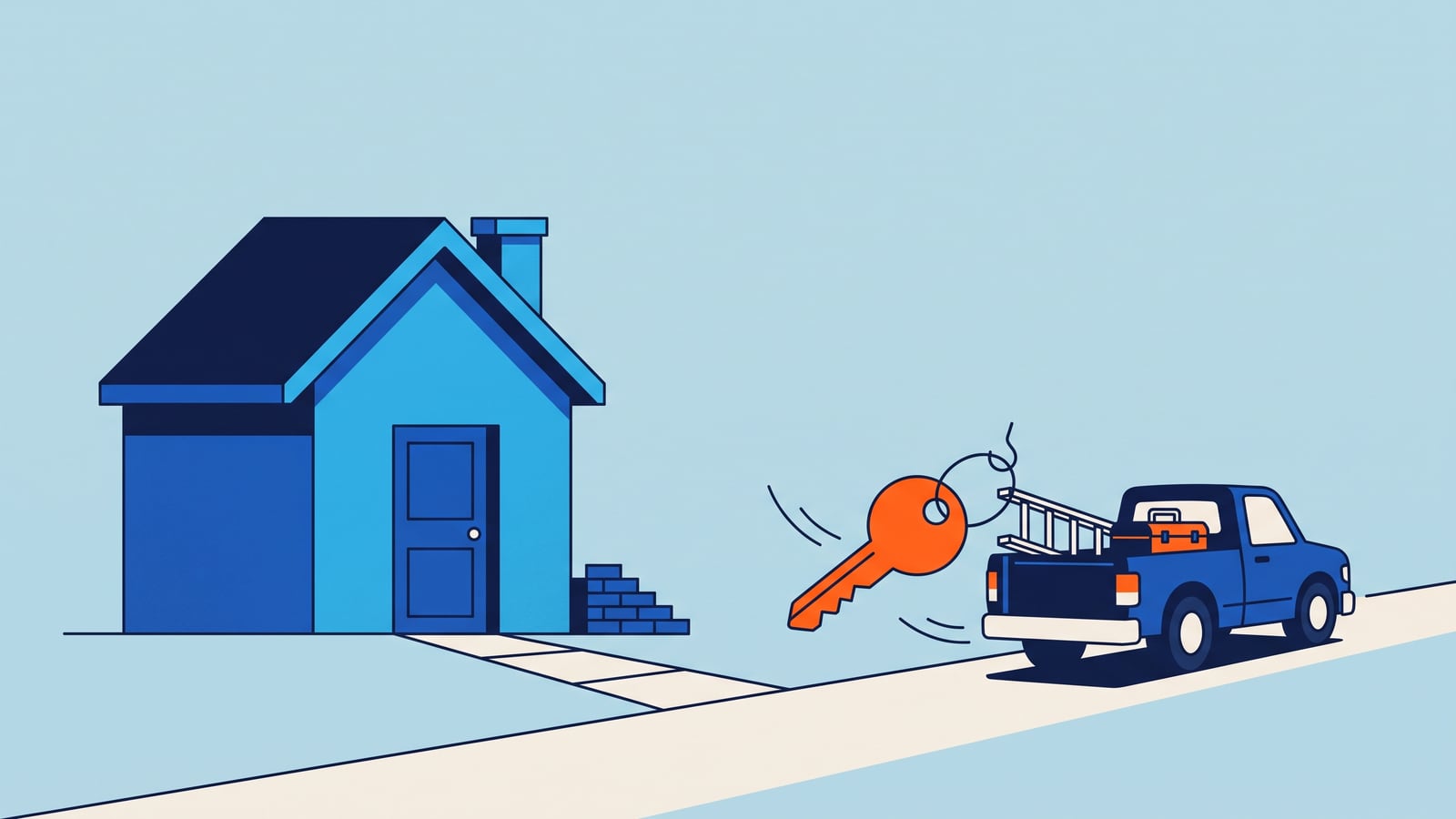 Ilustração de uma casa nova com a porta fechada e, na estrada ao lado, a caminhonete do construtor indo embora com uma chave laranja grande pendurada na traseira