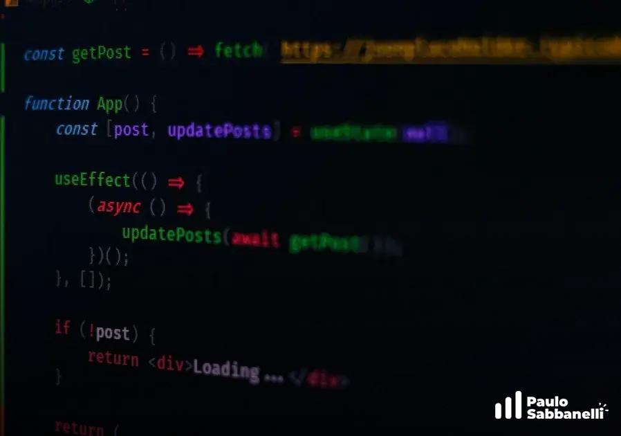 Código JavaScript desfocado em tela escura, com chamada fetch destacada em laranja para uma API
