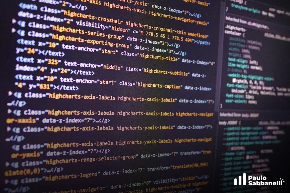 Código JavaScript com configurações de gráficos Highcharts em editor de tema escuro