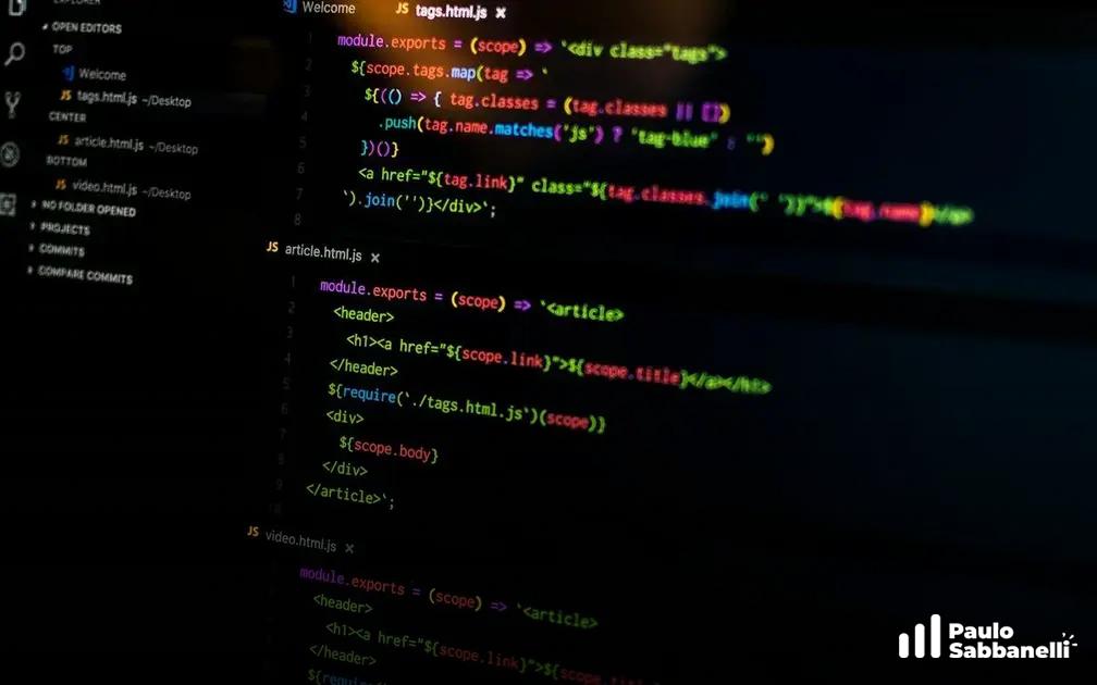 Código JavaScript com module.exports para renderizar tags e artigos em template