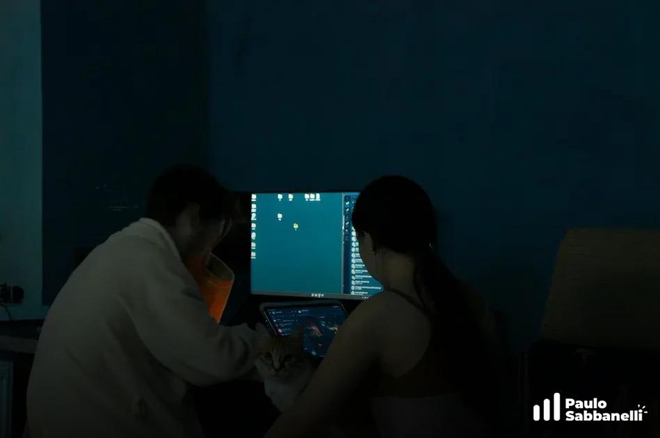 Duas pessoas observam tela iluminada com pontos e números em ambiente escuro
