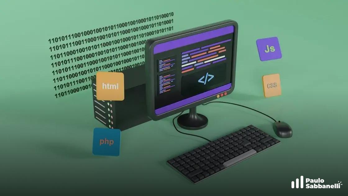 Ilustração 3D de um computador com ícones de HTML, CSS, JavaScript e PHP flutuando ao redor sobre fundo verde