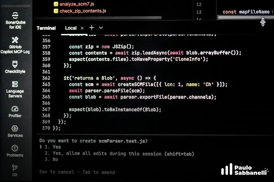 Editor de código com terminal exibindo teste de exportação de blob e extensões instaladas
