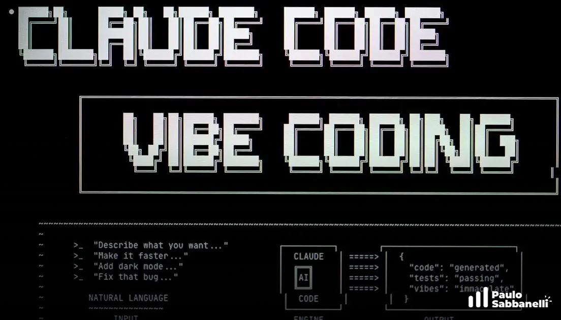 Ilustração em estilo pixelado com os dizeres Claude Code e Vibe Coding sobre fundo escuro