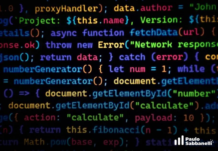 Editor de código escuro exibindo função JavaScript assíncrona com tratamento de erros coloridos