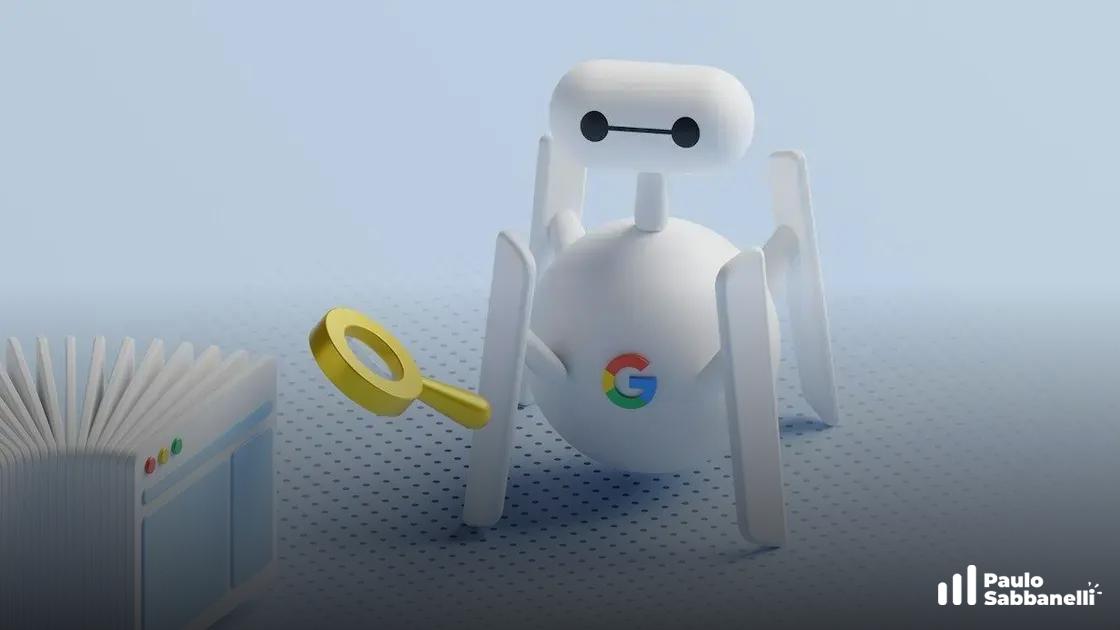 Ilustração 3D de robô branco com o ícone do Google e uma lupa dourada