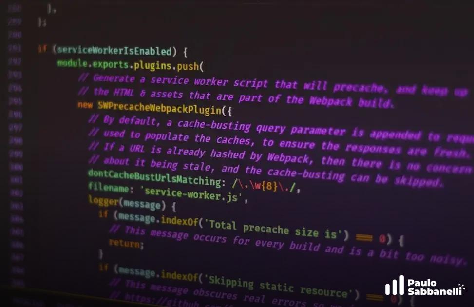 Código JavaScript configurando um service worker com cache de arquivos do build