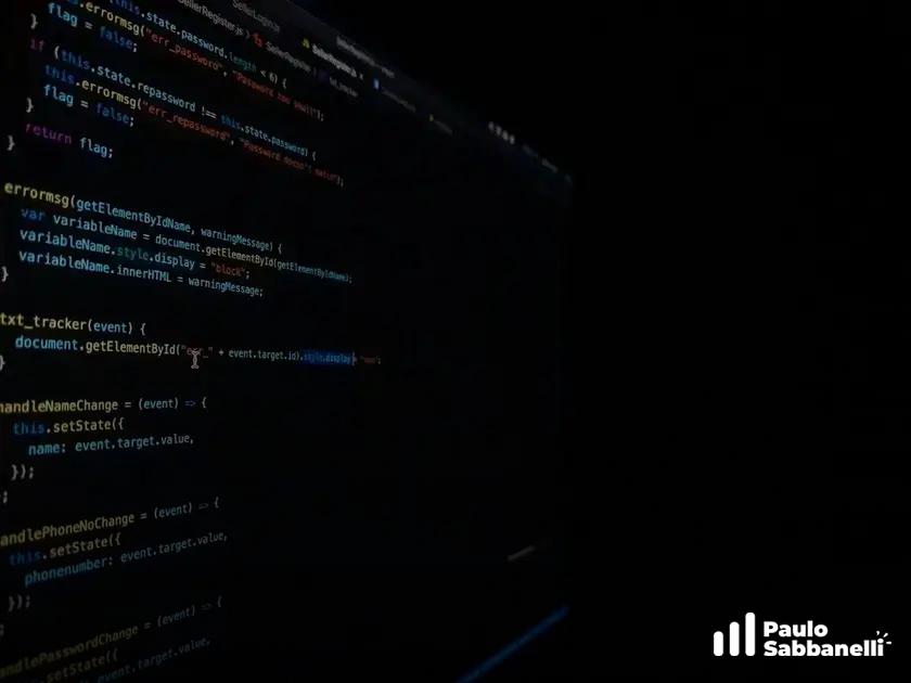 Código JavaScript escuro com funções de rastreamento de erros e mudança de estado de formulário