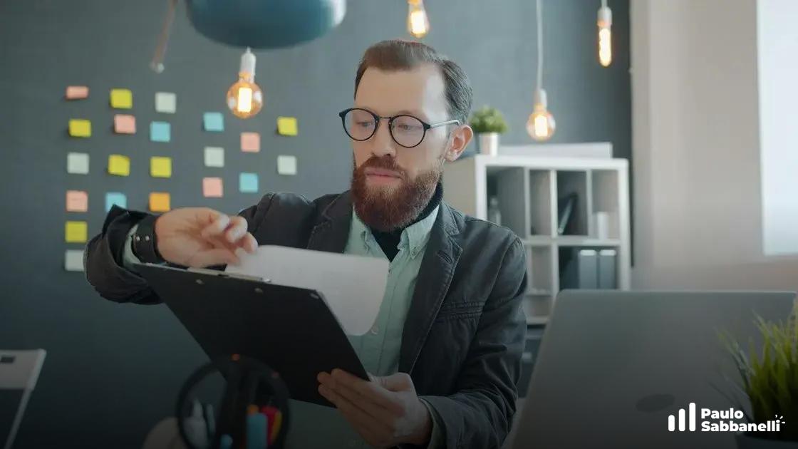 Homem de óculos analisando papéis em uma prancheta, com notas adesivas coloridas na parede