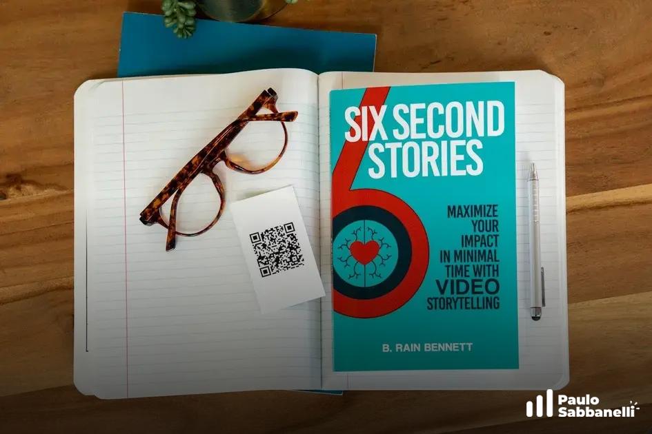 Livro Six Second Stories sobre caderno aberto, ao lado de óculos e cartão com QR code
