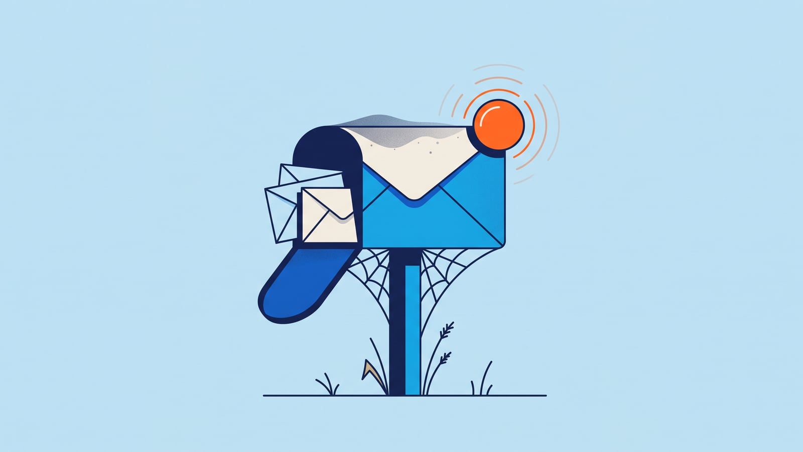 Ilustração de uma caixa de correio em forma de envelope de e-mail, abandonada num terreno vazio e coberta de teia de aranha, com uma bolinha de notificação laranja acesa no canto