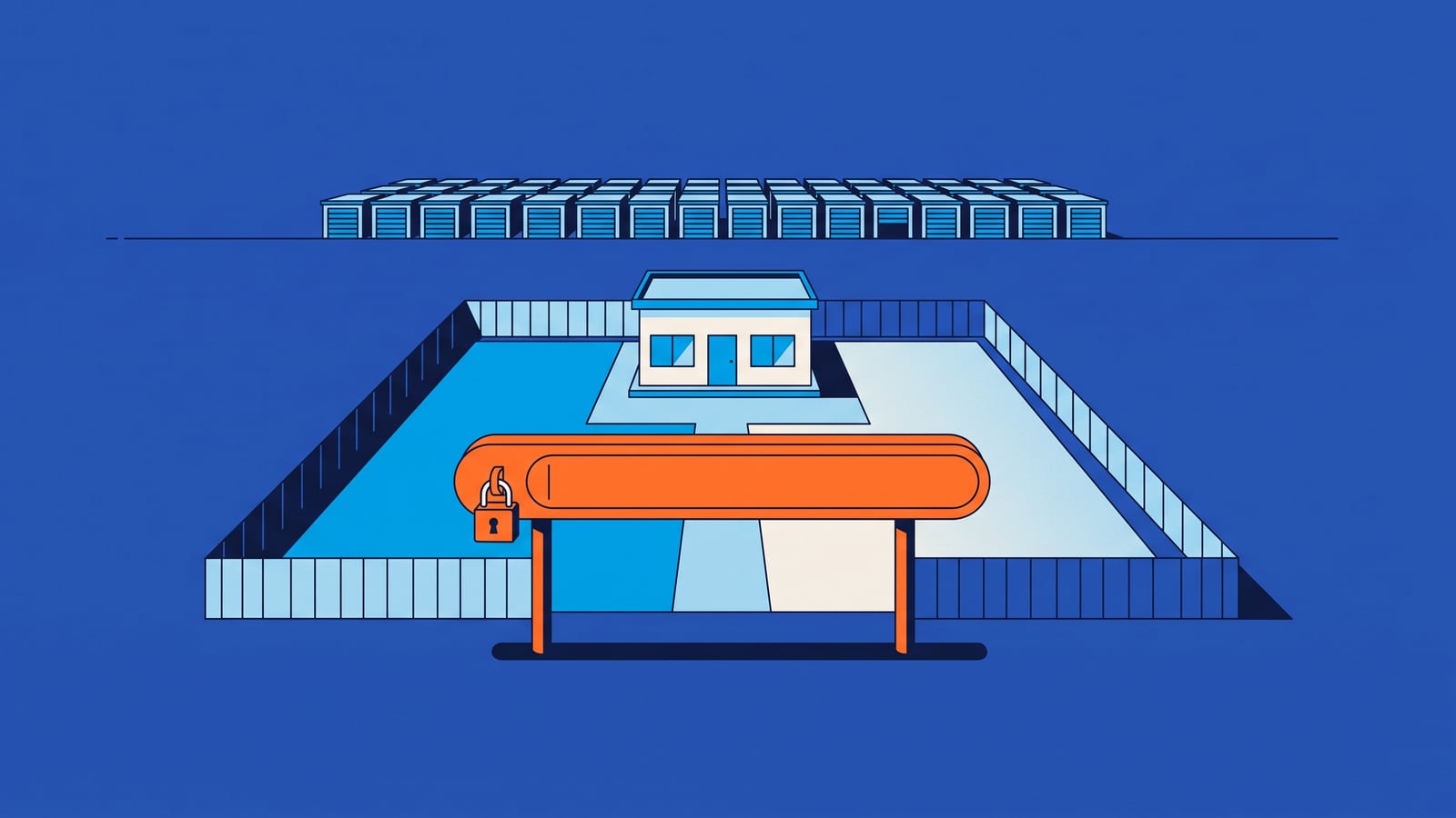 Ilustração de um terreno pequeno cercado, com um prédio no meio, cujo portão é uma barra de endereço de navegador laranja trancada por um cadeado de verdade, e ao fundo uma fileira apertada de boxes alugados iguais