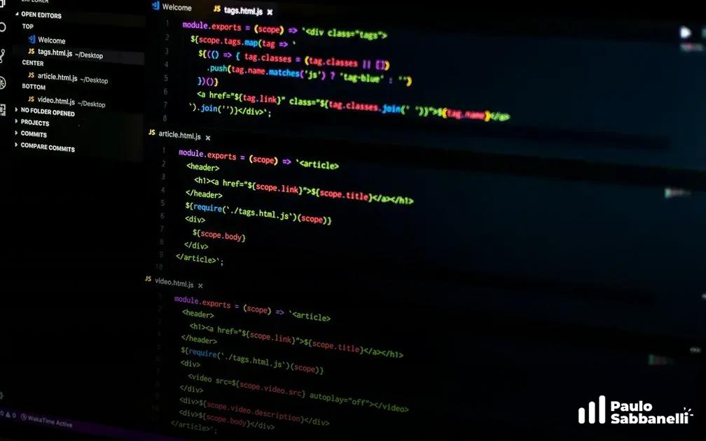 VS Code com múltiplos arquivos JavaScript abertos em abas, incluindo tags.html.js
