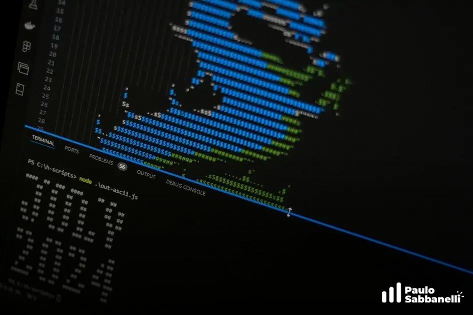 Tela de terminal escura com código formando um mapa em ASCII nas cores azul e verde