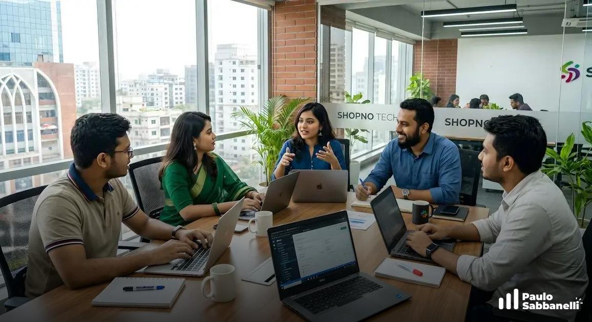 Equipe reunida à mesa com notebooks em escritório com vista para a cidade
