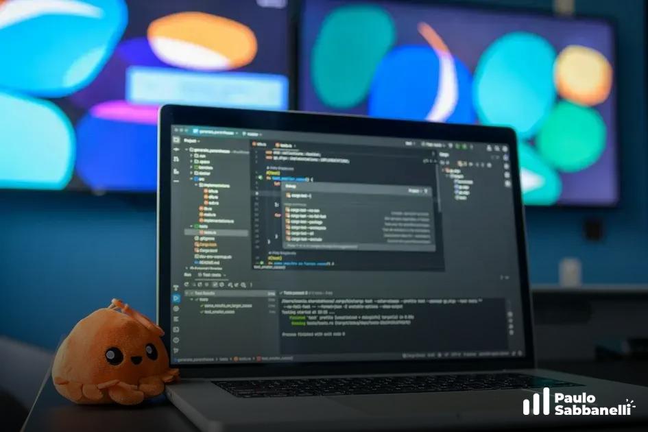 Notebook sobre mesa com editor de código aberto, telas coloridas ao fundo e um bichinho de pelúcia laranja