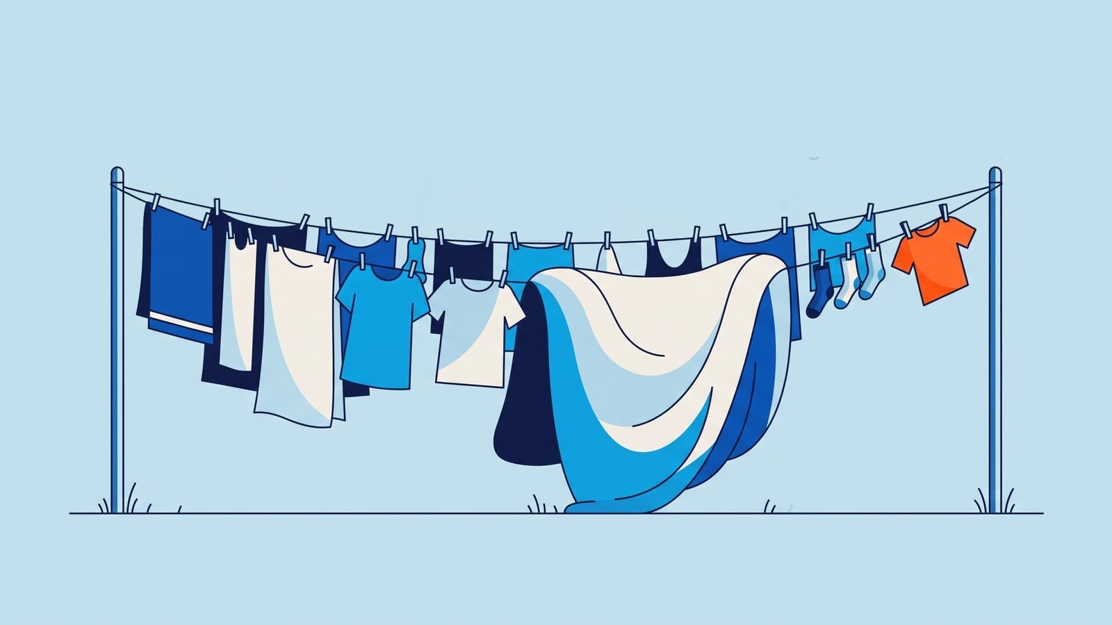 Ilustração de um varal comprido preso entre dois postes, tomado de ponta a ponta por roupas de vários tamanhos; um edredom enorme faz o fio afundar até quase tocar a grama, e na ponta do varal uma camiseta pequena laranja começa a escorregar