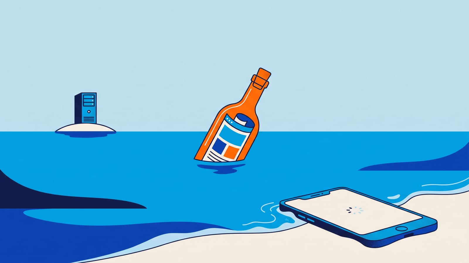 Ilustração de um mar largo com uma garrafa laranja boiando, com uma janela de navegador enrolada dentro, vinda de um servidor numa ilha no horizonte, enquanto um celular espera na areia com a tela carregando