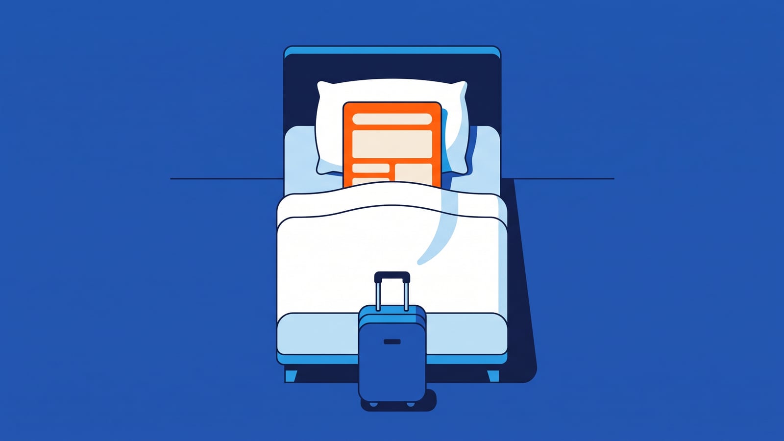 Ilustração de um quarto de hotel com uma cama de solteiro arrumada; deitada no travesseiro e coberta até a metade pelo cobertor está uma página de site laranja, e ao pé da cama espera uma malinha de rodinhas com a alça levantada