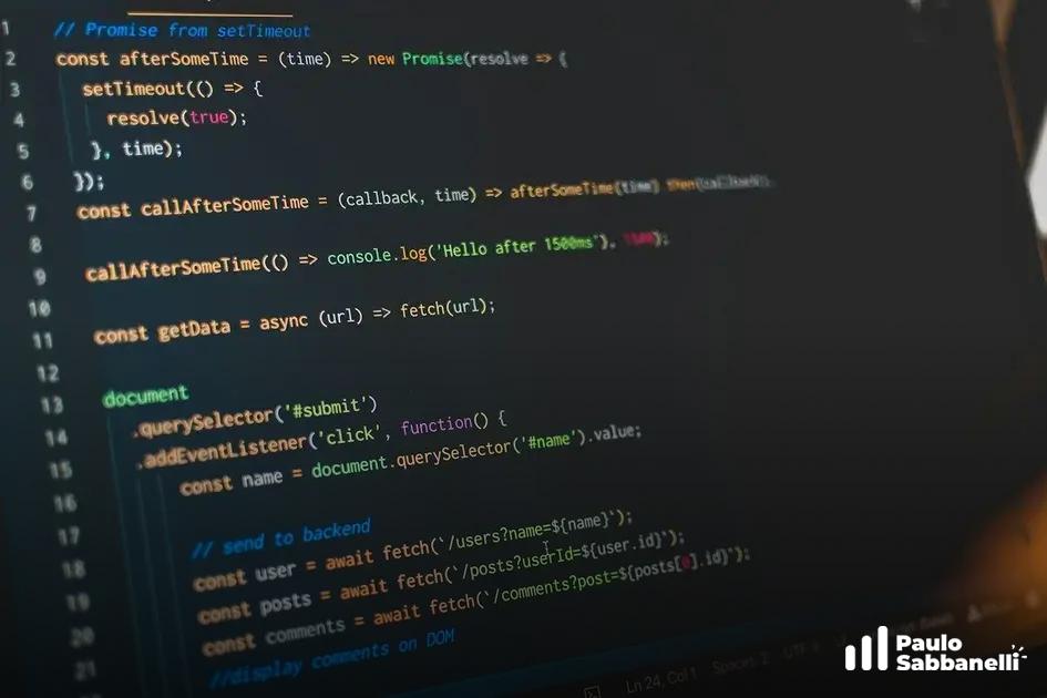 Código JavaScript com Promise, setTimeout e requisições fetch para usuários e comentários