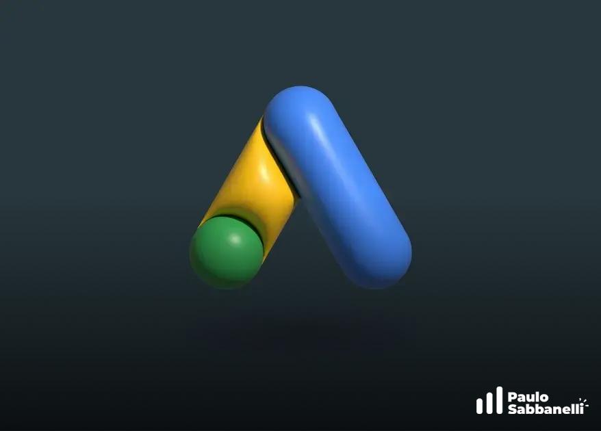 Logotipo tridimensional do Google Ads em formas azul, amarela e verde sobre fundo escuro
