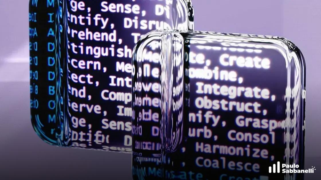 Objetos pretos e brilhantes com efeito 3D refletindo palavras como Identify, Disrupt e Combine sobre fundo roxo