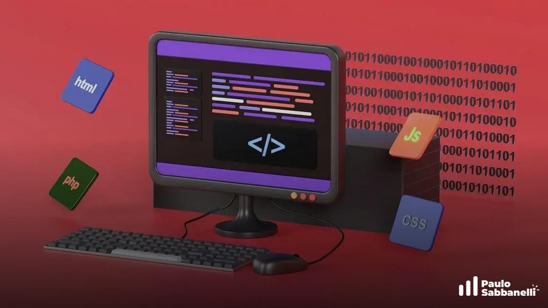 Ilustração 3D de um monitor com código e o símbolo </>, cercado por ícones de HTML, PHP, JS e CSS em fundo vermelho