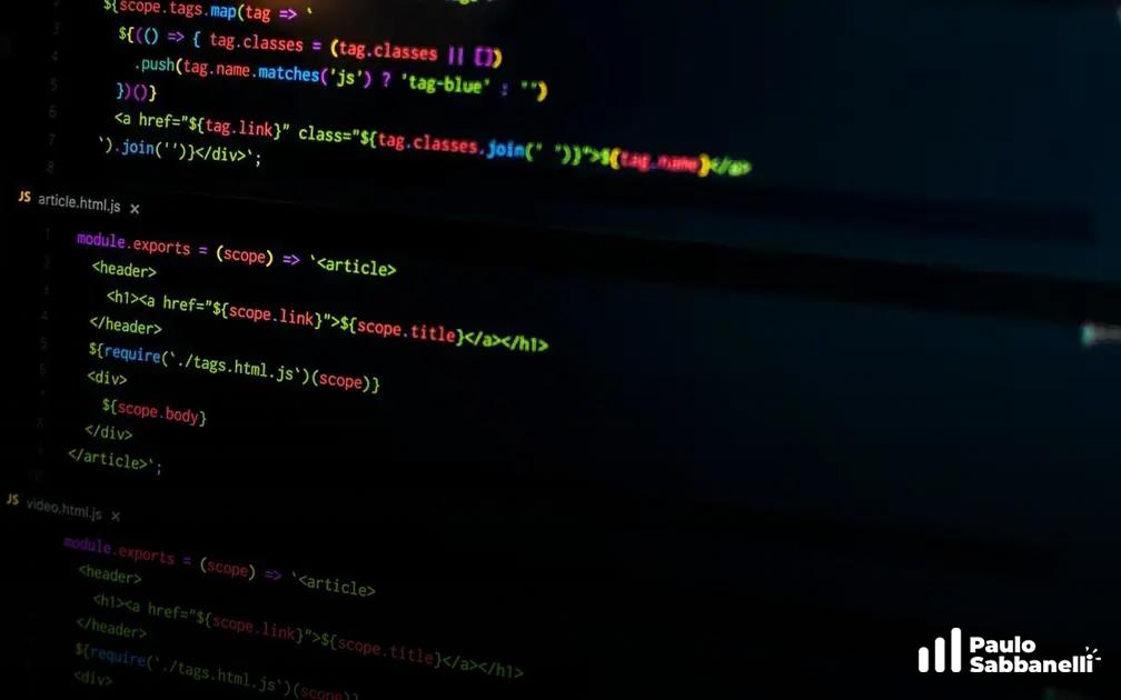 Código JavaScript definindo um template de artigo com tags e classes dinâmicas