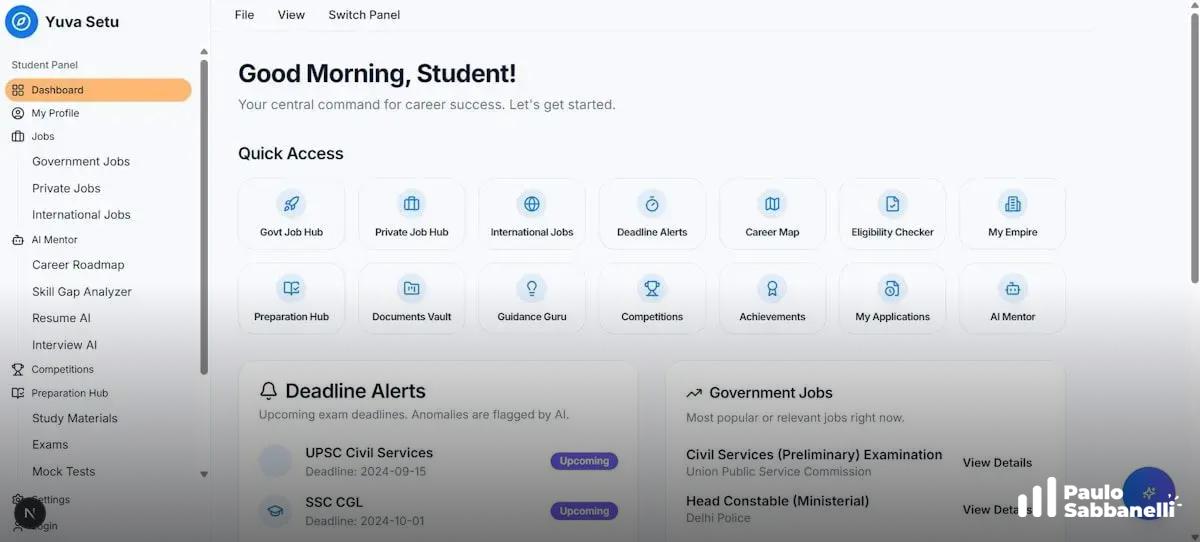Painel de aplicativo educacional com menu de acesso rápido a vagas, editais e prazos