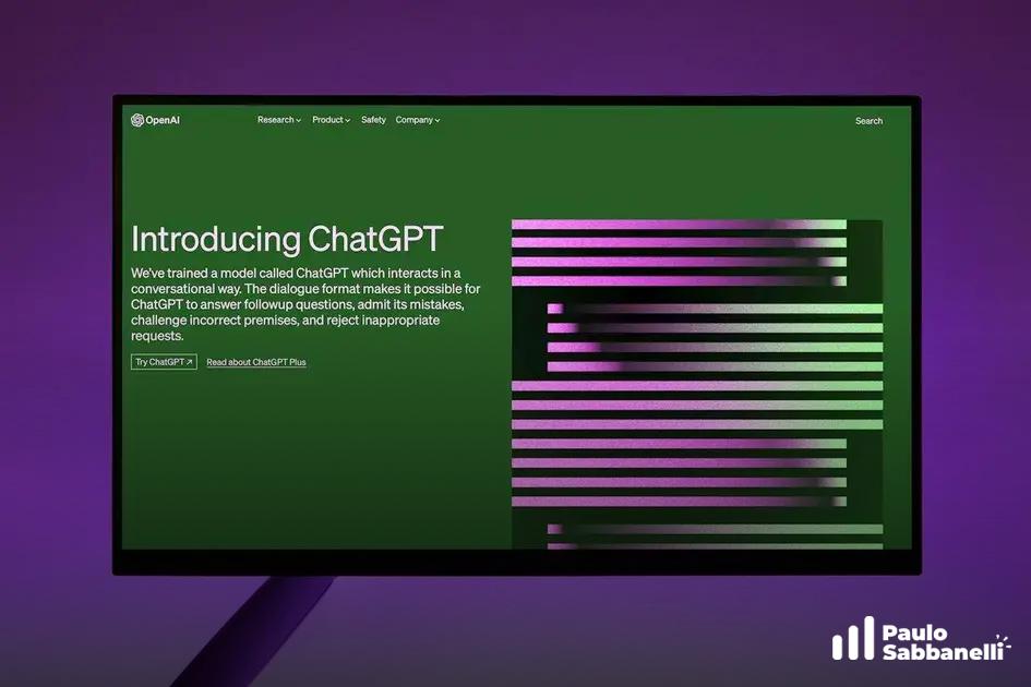 Monitor exibindo página da OpenAI com o anúncio de lançamento do ChatGPT em fundo roxo