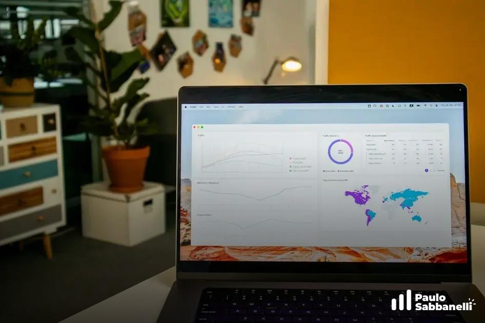 Notebook em home office exibindo painel com mapa-múndi e gráfico de linha, planta ao fundo