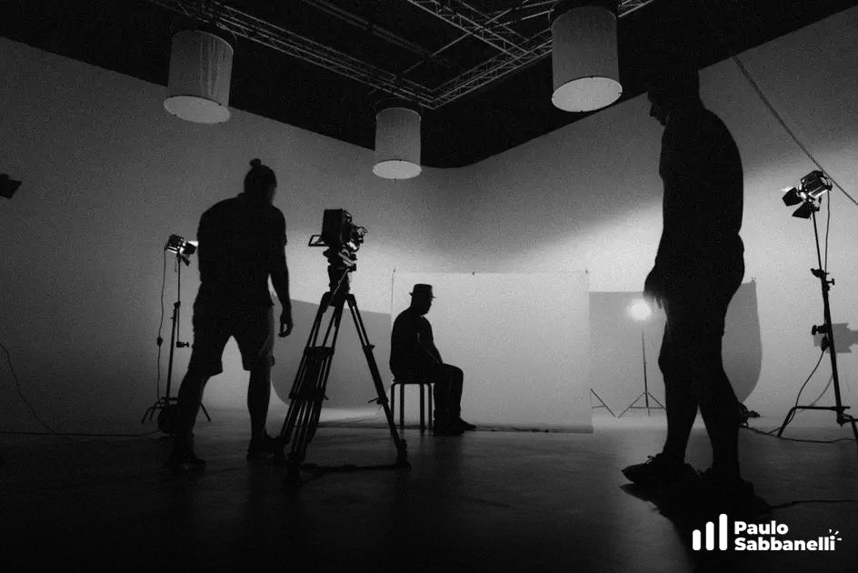 Silhuetas de equipe de filmagem ao redor de pessoa sentada em estúdio iluminado, foto em preto e branco