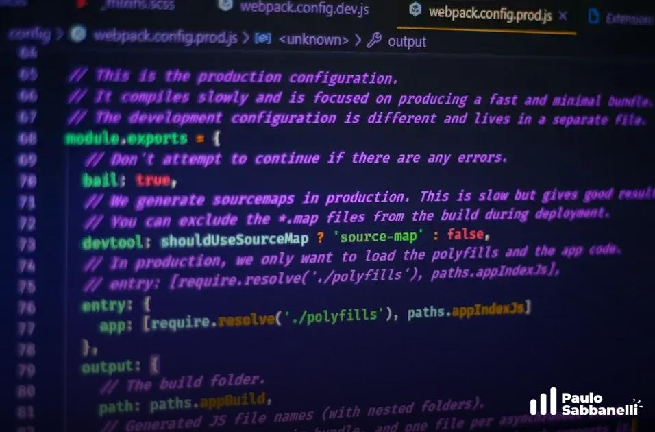 Tela de código com arquivo de configuração de produção do Webpack aberto