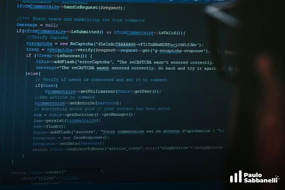 Código PHP de validação de reCAPTCHA em tela escura, com silhueta de uma pessoa ao fundo